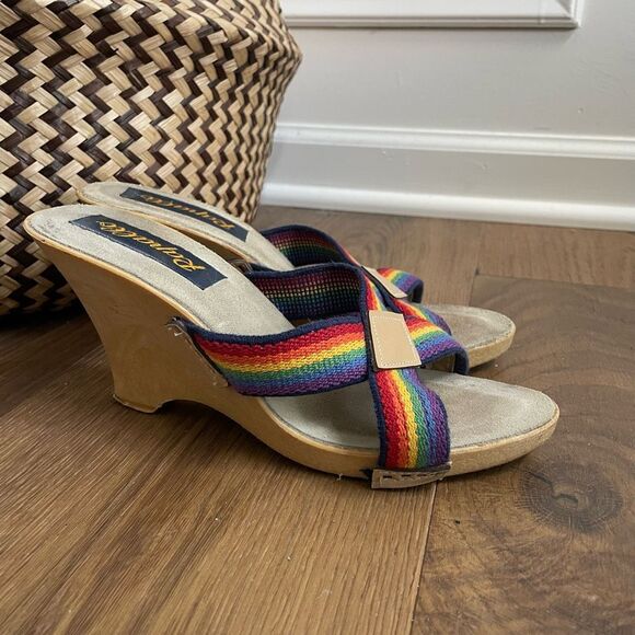 Vintage 70s 80s Rapallo Rainbow Wedge Mules Heels 7 38 - Picture 2 of 13